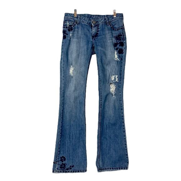 American Eagle Jeans Flare Embroidered Floral Low Rise Distressed Women’s Size 2 - Picture 1 of 10